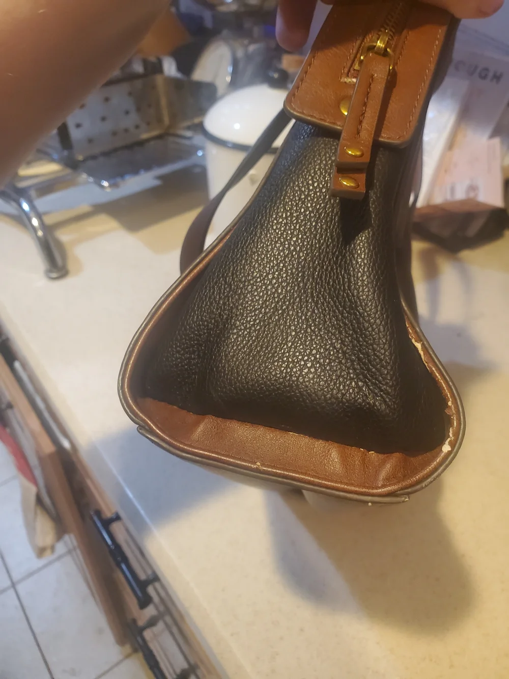 Fossil Black Leather Satchel with Brown Leather Handles
